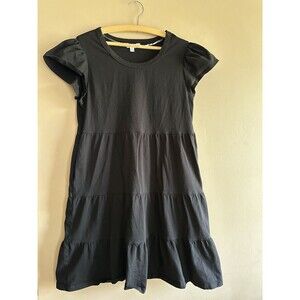 Time and Tru 100% Cotton Black Tiered Short Sleeve Dress Pockets Size M 8-10